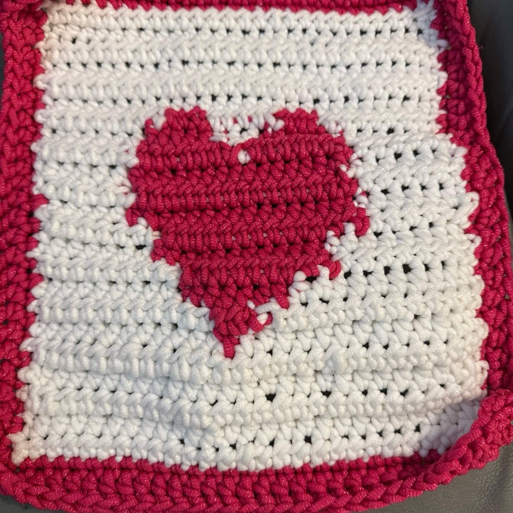 Pink and White Heart Crochet Kitchen Towel